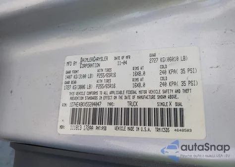 2005 Dodge Dakota Slt из США, поврежденный, VIN 1D7HE48KX5S204047